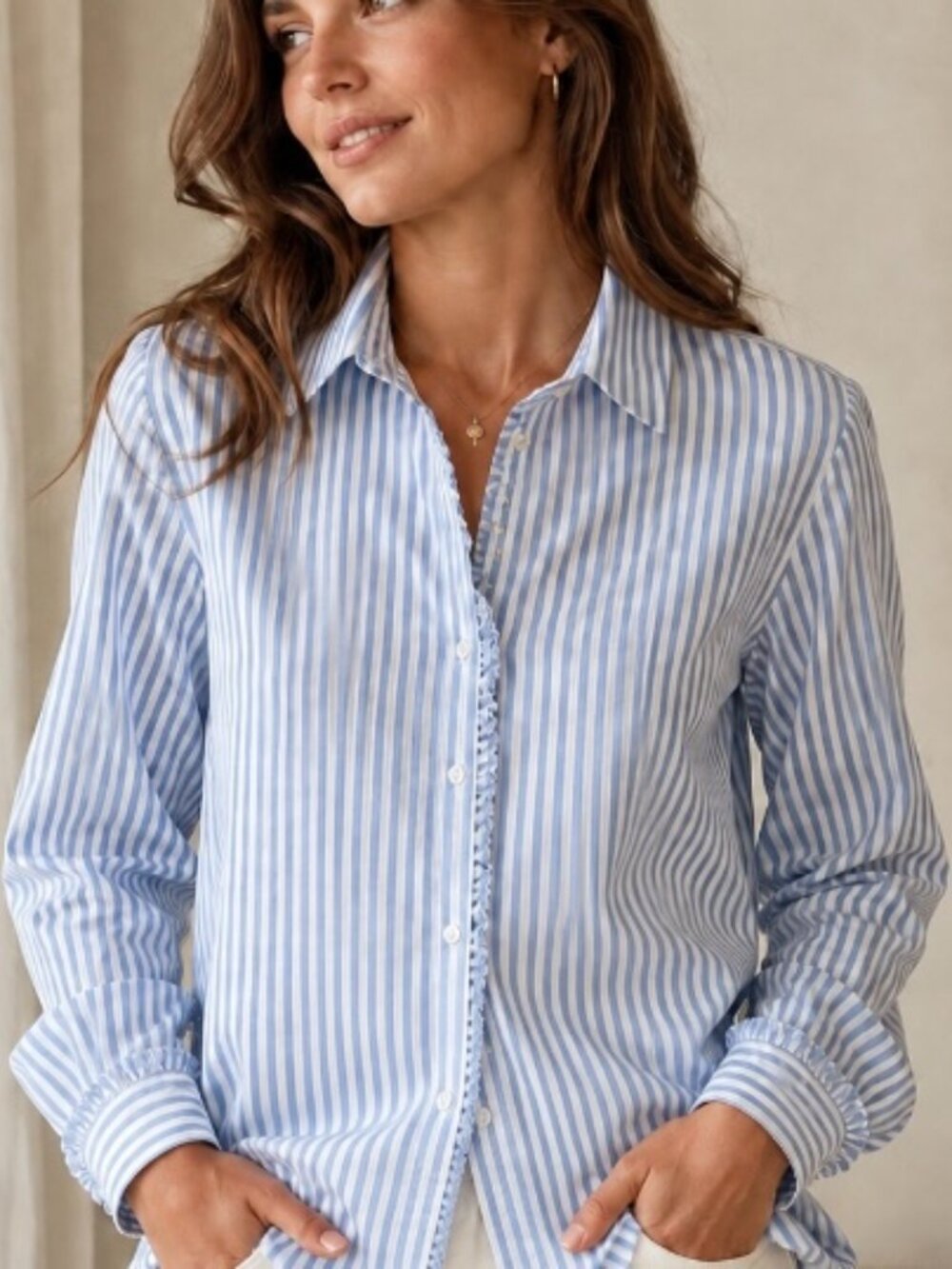 Banana Republic women's button down blouse blue white stripe size MED ruffle